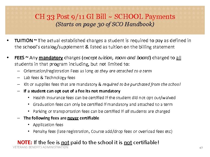 CH 33 Post 9/11 GI Bill ~ SCHOOL Payments SCHOOL (Starts on page 30