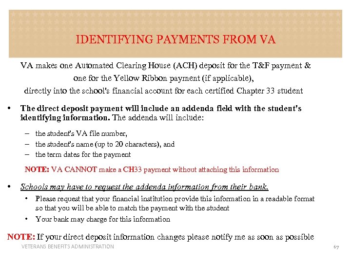 IDENTIFYING PAYMENTS FROM VA VA makes one Automated Clearing House (ACH) deposit for the