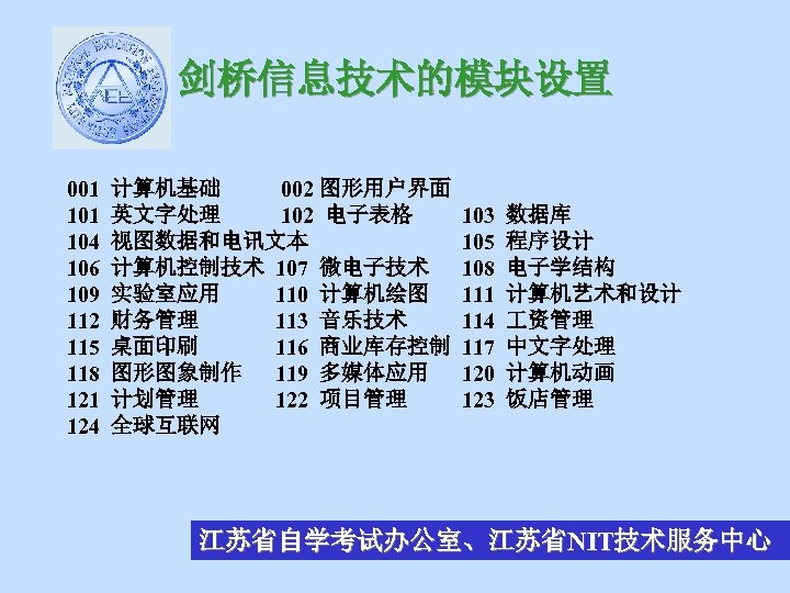 剑桥信息技术的模块设置 001 104 106 109 112 115 118 121 124 计算机基础 002 图形用户界面 英文字处理
