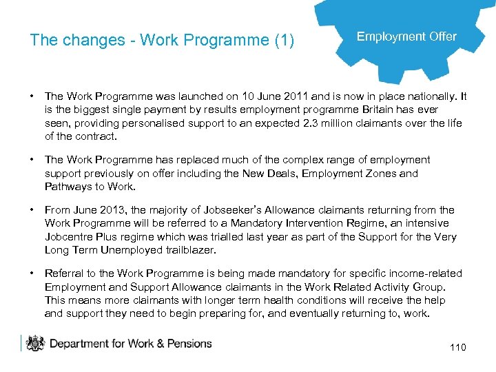 The changes - Work Programme (1) Employment Offer • The Work Programme was launched