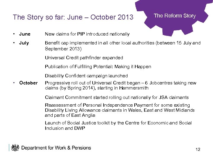 The Story so far: June – October 2013 The Reform Story • June New