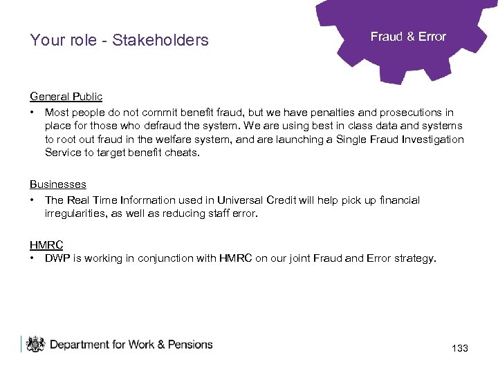 Your role - Stakeholders Fraud & Error General Public • Most people do not