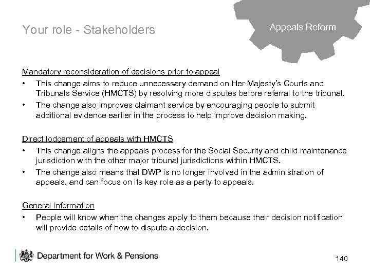 Your role - Stakeholders Appeals Reform Mandatory reconsideration of decisions prior to appeal •