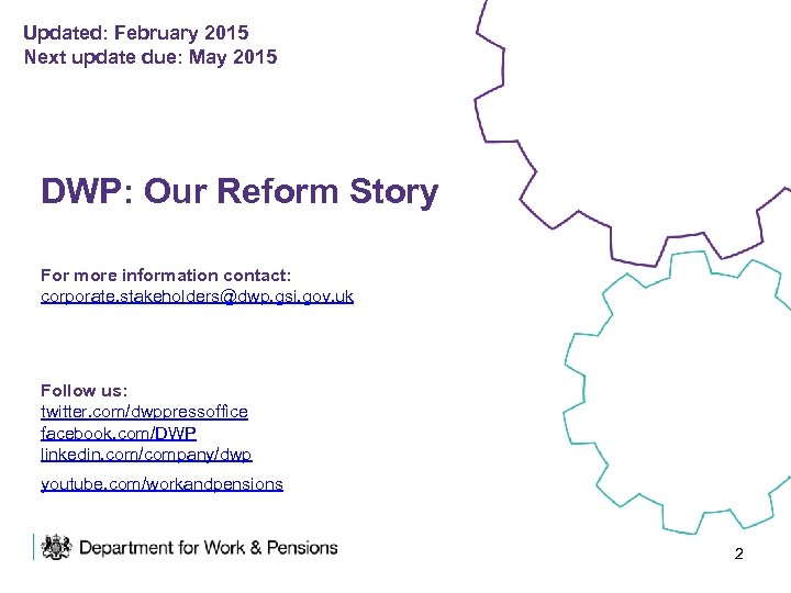 Updated: February 2015 Next update due: May 2015 DWP: Our Reform Story For more