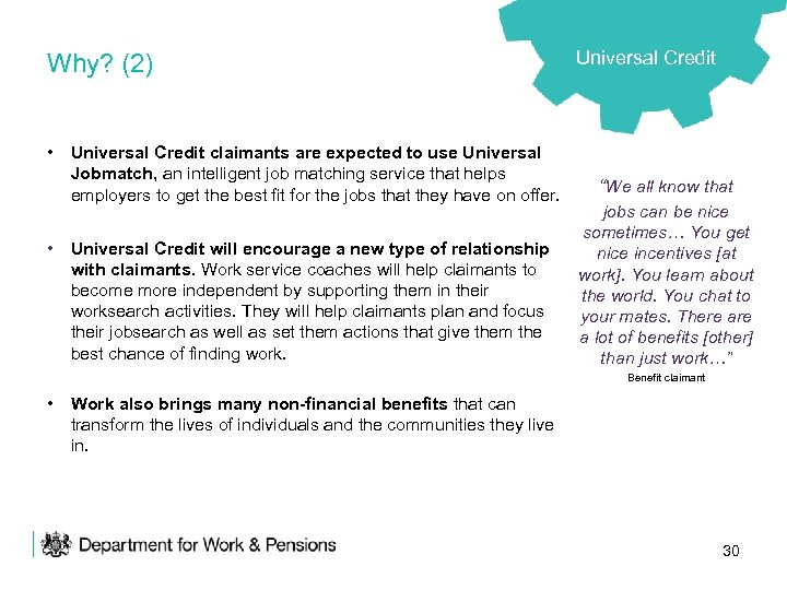 Why? (2) • Universal Credit claimants are expected to use Universal Jobmatch, an intelligent