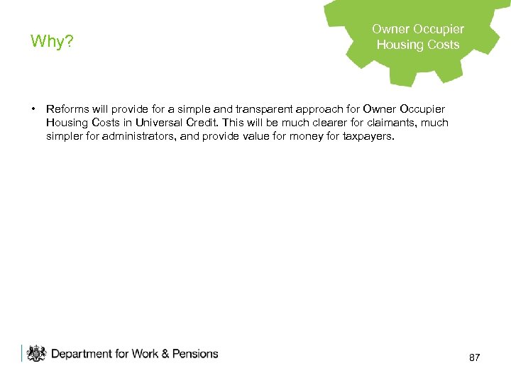 Why? Owner Occupier Housing Support Housing Costs • Reforms will provide for a simple
