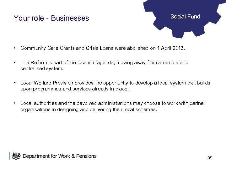 Your role - Businesses Social Fund • Community Care Grants and Crisis Loans were