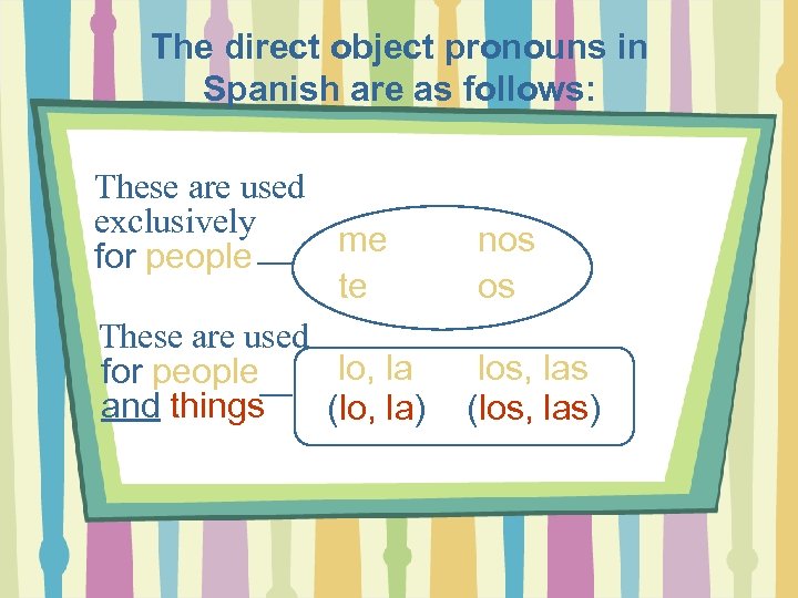 The direct object pronouns in Spanish are as follows: These are used exclusively me