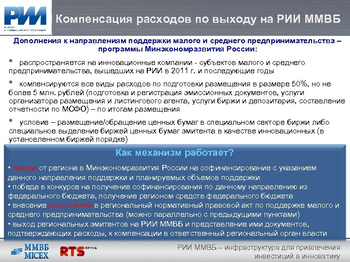 Компенсация расходов по выходу на РИИ ММВБ Дополнения к направлениям поддержки малого и среднего