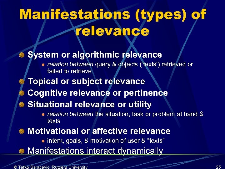 Manifestations (types) of relevance System or algorithmic relevance l relation between query & objects