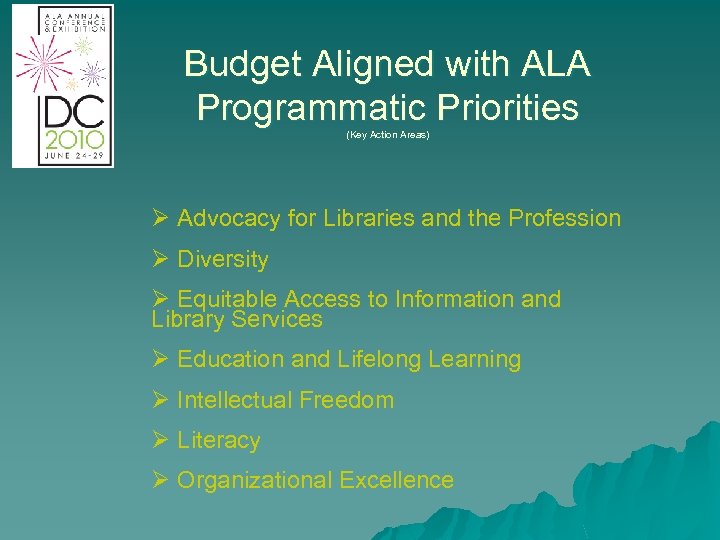 Budget Aligned with ALA Programmatic Priorities (Key Action Areas) Ø Advocacy for Libraries and