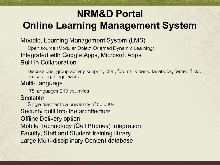 NRM&D Portal Online Learning Management System Moodle, Learning Management System (LMS) Open source (Modular