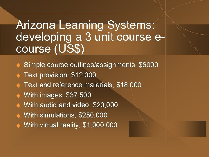 Arizona Learning Systems: developing a 3 unit course ecourse (US$) u u u u