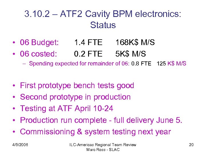 3. 10. 2 – ATF 2 Cavity BPM electronics: Status • 06 Budget: •