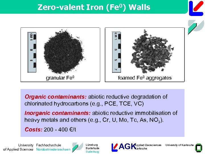 Zero-valent Iron (Fe 0) Walls granular Fe 0 foamed Fe 0 aggregates Organic contaminants: