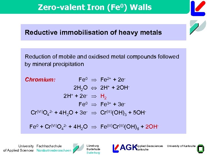 Zero-valent Iron (Fe 0) Walls Reductive immobilisation of heavy metals Reduction of mobile and