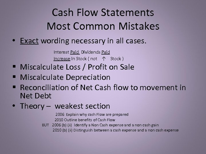 Cash Flow Statements Most Common Mistakes • Exact wording necessary in all cases. Interest