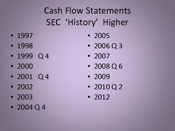 Cash Flow Statements SEC ‘History’ Higher • • 1997 1998 1999 Q 4 2000