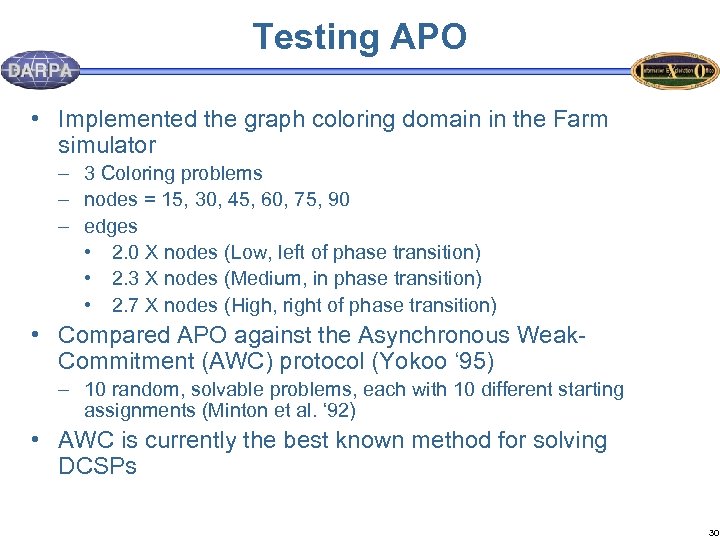 Testing APO • Implemented the graph coloring domain in the Farm simulator – 3