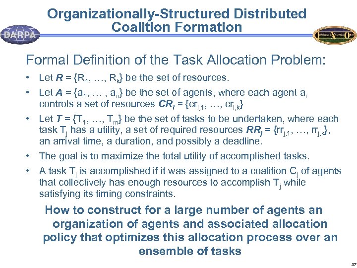 Organizationally-Structured Distributed Coalition Formal Definition of the Task Allocation Problem: • Let R =