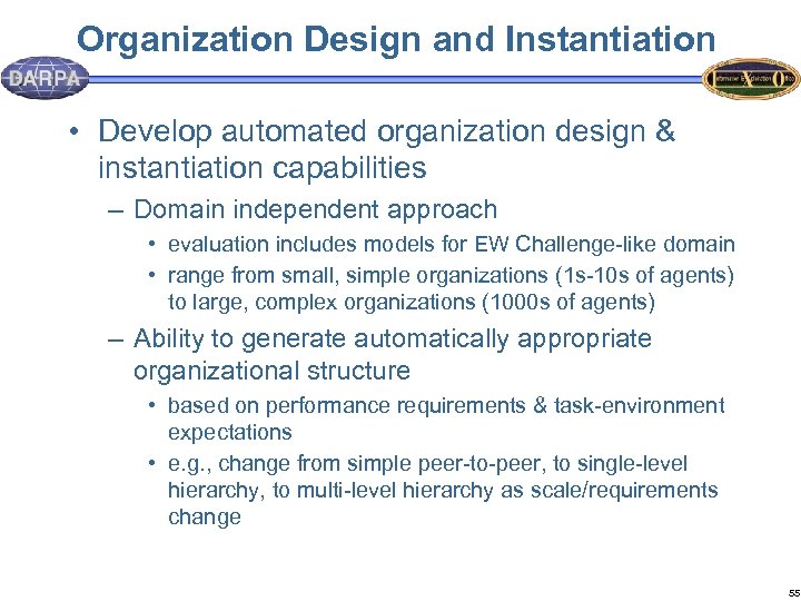 Organization Design and Instantiation • Develop automated organization design & instantiation capabilities – Domain