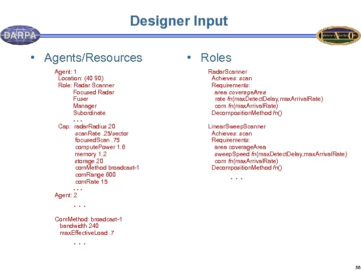 Designer Input • Agents/Resources Agent: 1 Location: (40 90) Role: Radar Scanner Focused Radar