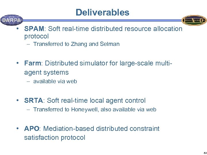 Deliverables • SPAM: Soft real-time distributed resource allocation protocol – Transferred to Zhang and