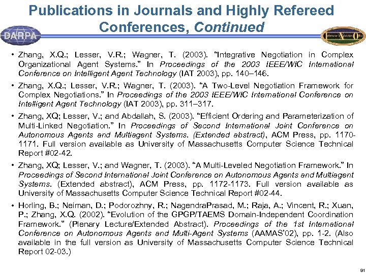 Publications in Journals and Highly Refereed Conferences, Continued • Zhang, X. Q. ; Lesser,