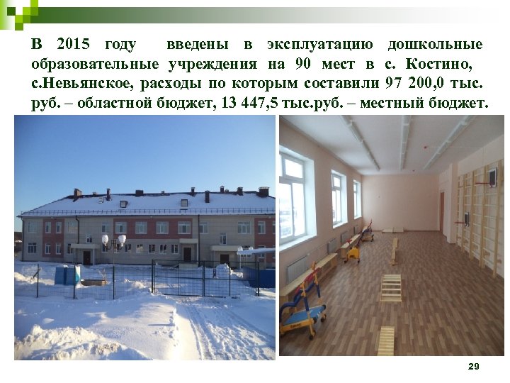 В 2015 году введены в эксплуатацию дошкольные образовательные учреждения на 90 мест в с.