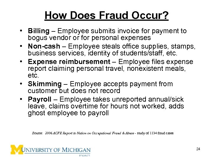 How Does Fraud Occur? • Billing – Employee submits invoice for payment to bogus