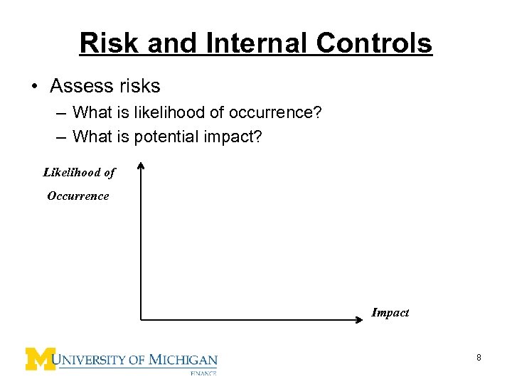 Risk and Internal Controls • Assess risks – What is likelihood of occurrence? –