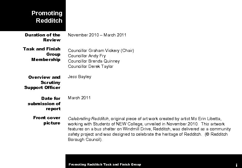Executive Report Promoting Redditch Duration of the Review Task and Finish Group Membership November