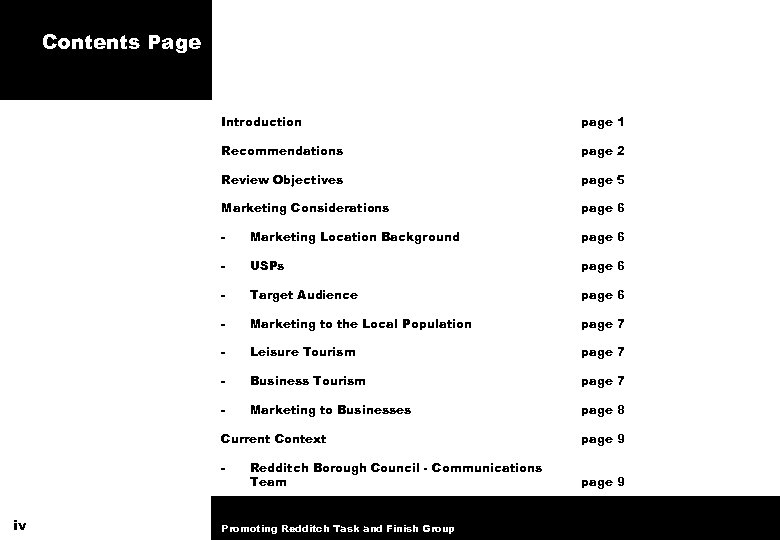 Contents Page Introduction page 1 Recommendations page 2 Review Objectives page 5 Marketing Considerations