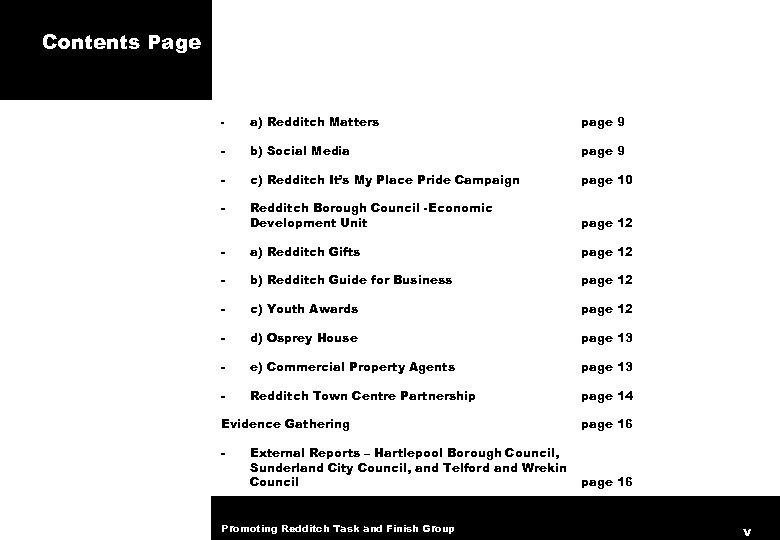 Contents Page - a) Redditch Matters page 9 - b) Social Media page 9