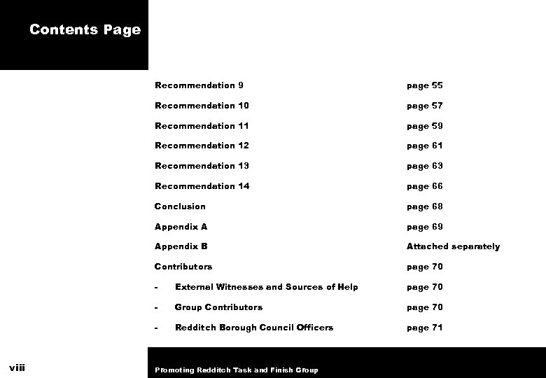 Contents Page Recommendation 9 Recommendation 10 page 57 Recommendation 11 page 59 Recommendation 12