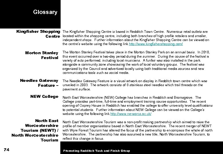 Glossary Kingfisher Shopping The Kingfisher Shopping Centre is based in Redditch Town Centre. Numerous