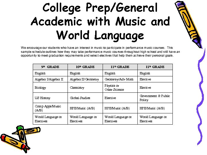 College Prep/General Academic with Music and World Language We encourage our students who have