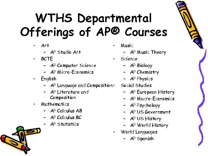 WTHS Departmental Offerings of AP® Courses • • Art • – AP Studio Art