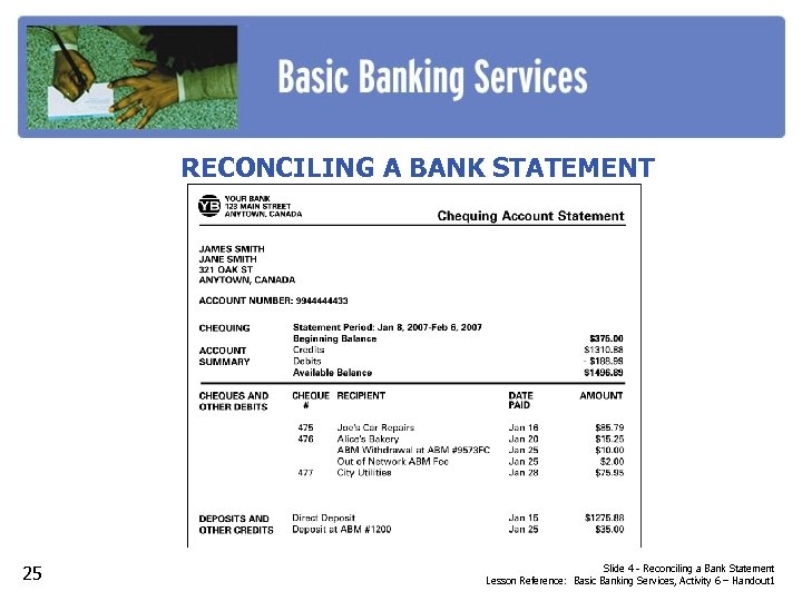 RECONCILING A BANK STATEMENT 25 Slide 4 - Reconciling a Bank Statement Lesson Reference:
