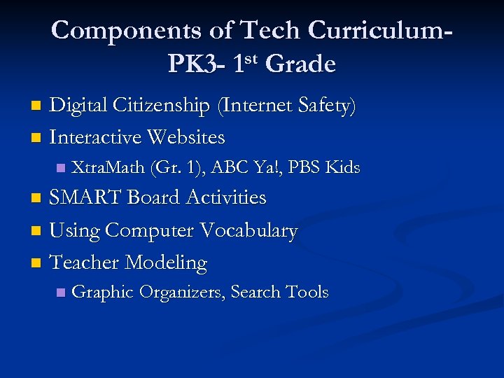 Components of Tech Curriculum. PK 3 - 1 st Grade Digital Citizenship (Internet Safety)