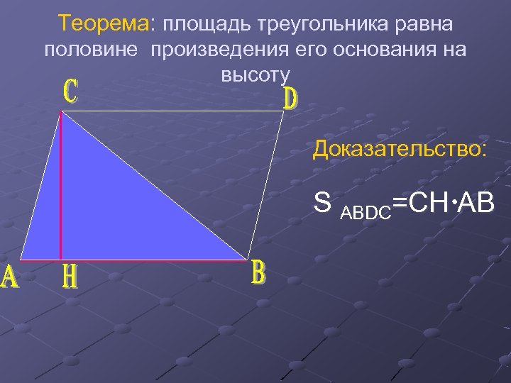 Теорема: площадь треугольника равна половине произведения его основания на высоту Доказательство: S ABDC=CH AB