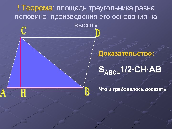 ! Теорема: площадь треугольника равна половине произведения его основания на высоту Доказательство: SABC=1/2 CH