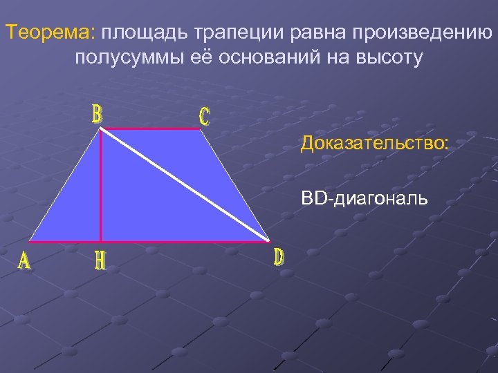 Теорема: площадь трапеции равна произведению полусуммы её оснований на высоту Доказательство: BD-диагональ 