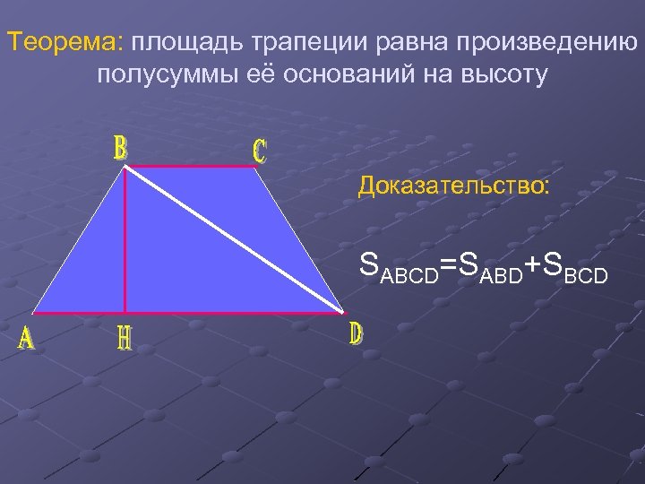 Теорема: площадь трапеции равна произведению полусуммы её оснований на высоту Доказательство: SABCD=SABD+SBCD 
