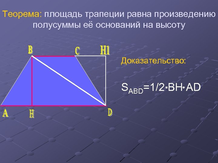 Теорема: площадь трапеции равна произведению полусуммы её оснований на высоту Доказательство: SABD=1/2 BH AD