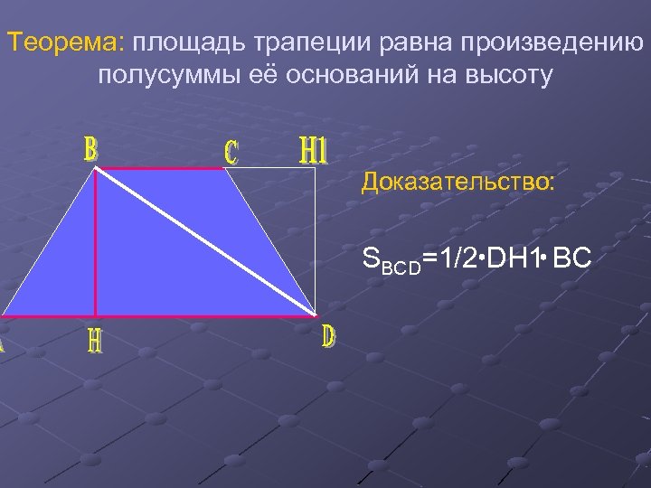 Теорема: площадь трапеции равна произведению полусуммы её оснований на высоту Доказательство: SBCD=1/2 DH 1