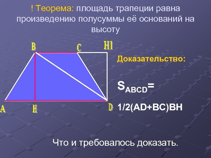 ! Теорема: площадь трапеции равна произведению полусуммы её оснований на высоту Доказательство: SABCD= 1/2(AD+BC)BH