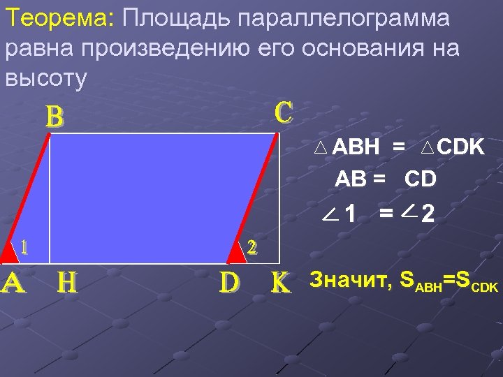 Теорема: Площадь параллелограмма равна произведению его основания на высоту ABH = CDK AB =