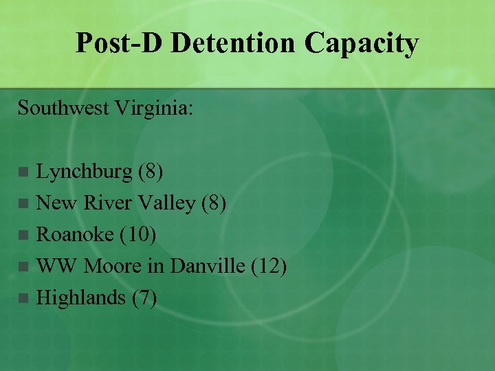 Post-D Detention Capacity Southwest Virginia: Lynchburg (8) n New River Valley (8) n Roanoke