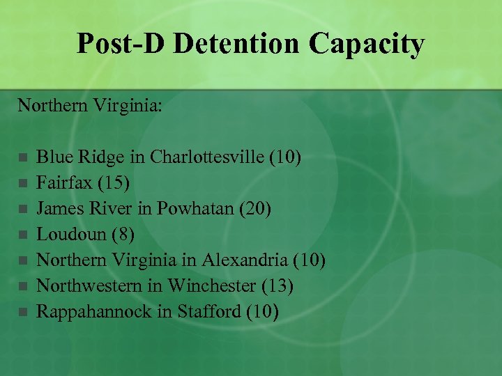 Post-D Detention Capacity Northern Virginia: n n n n Blue Ridge in Charlottesville (10)